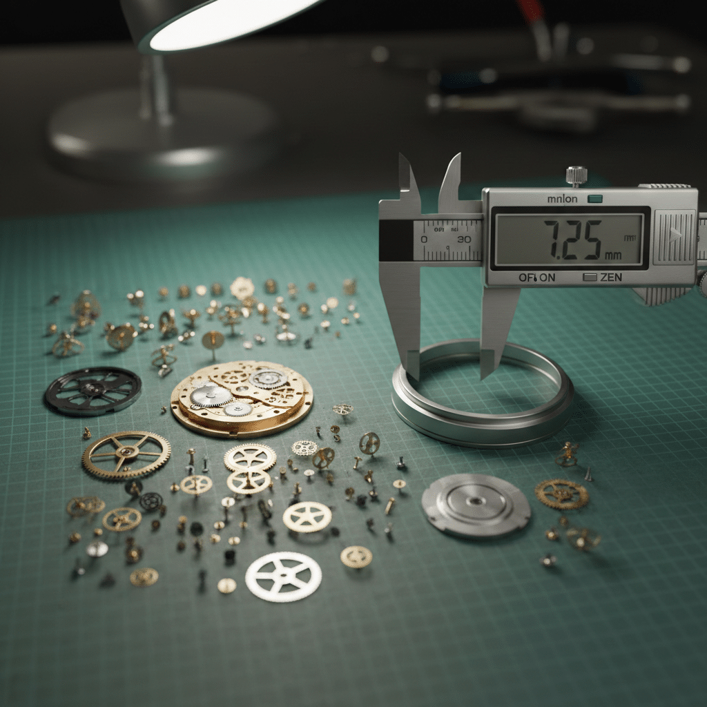 A macro shot of a disassembled watch movement on a green anti-static mat with digital calipers measuring case thickness