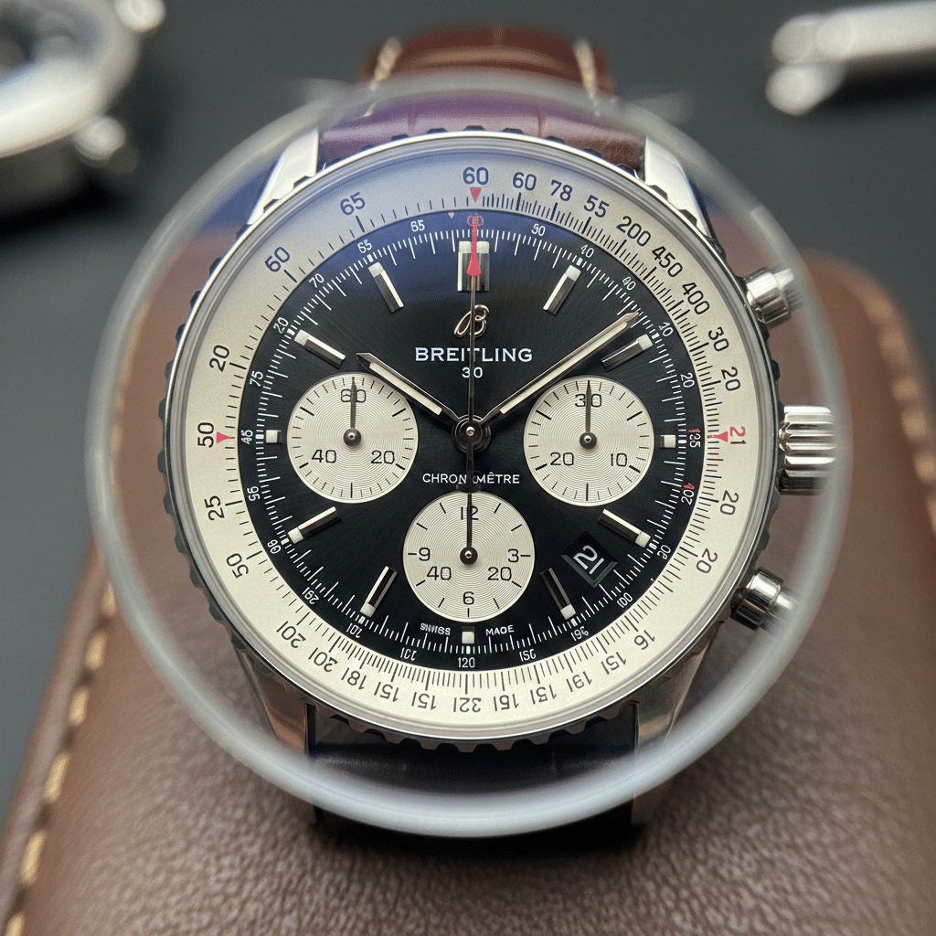 Close-up view of a Navitimer dial under a loupe showing slide rule printing density and sub-dial alignment