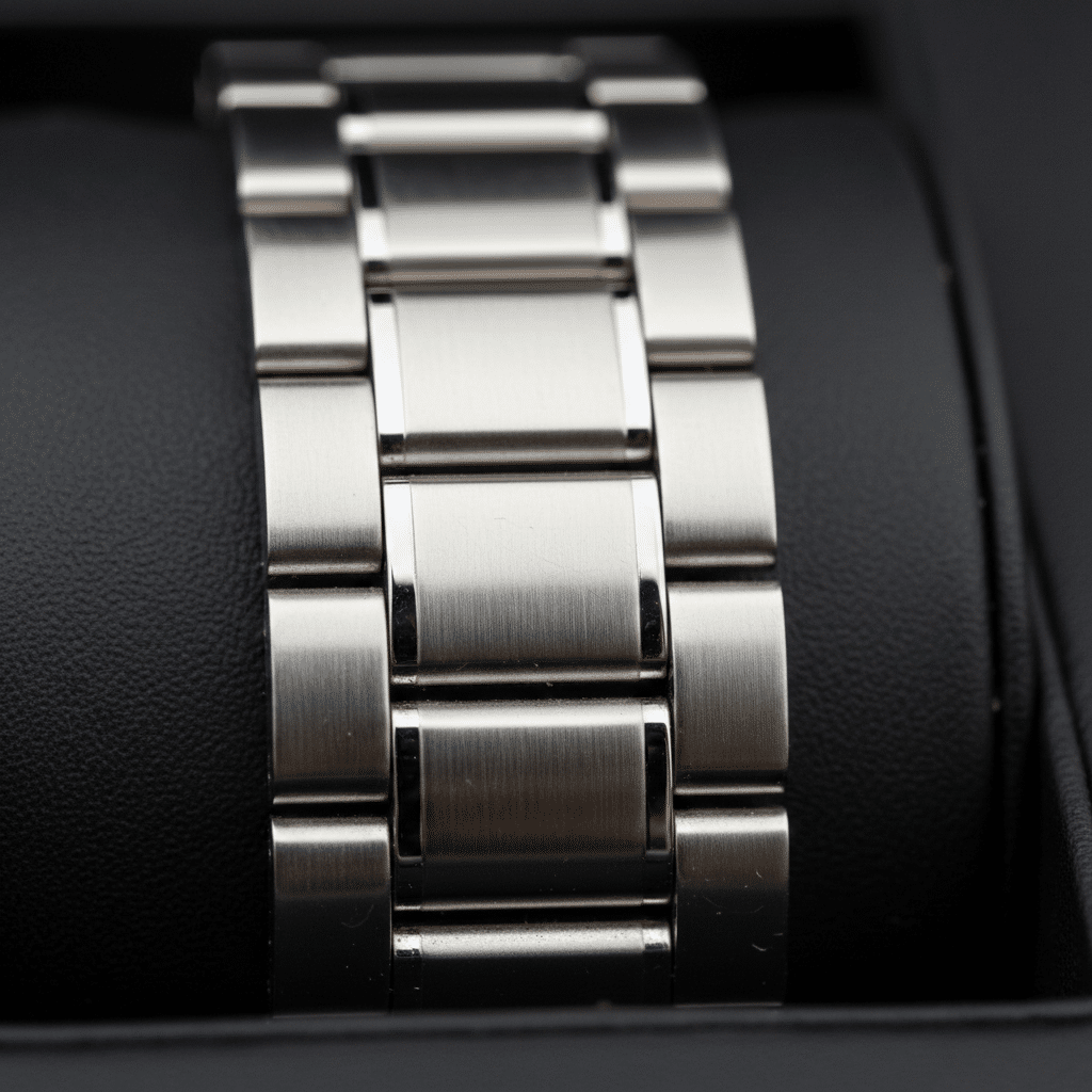 Close-up macro shot of a steel watch bracelet showing the transition between brushed top links and polished sides, highlighting the sharpness of the edge