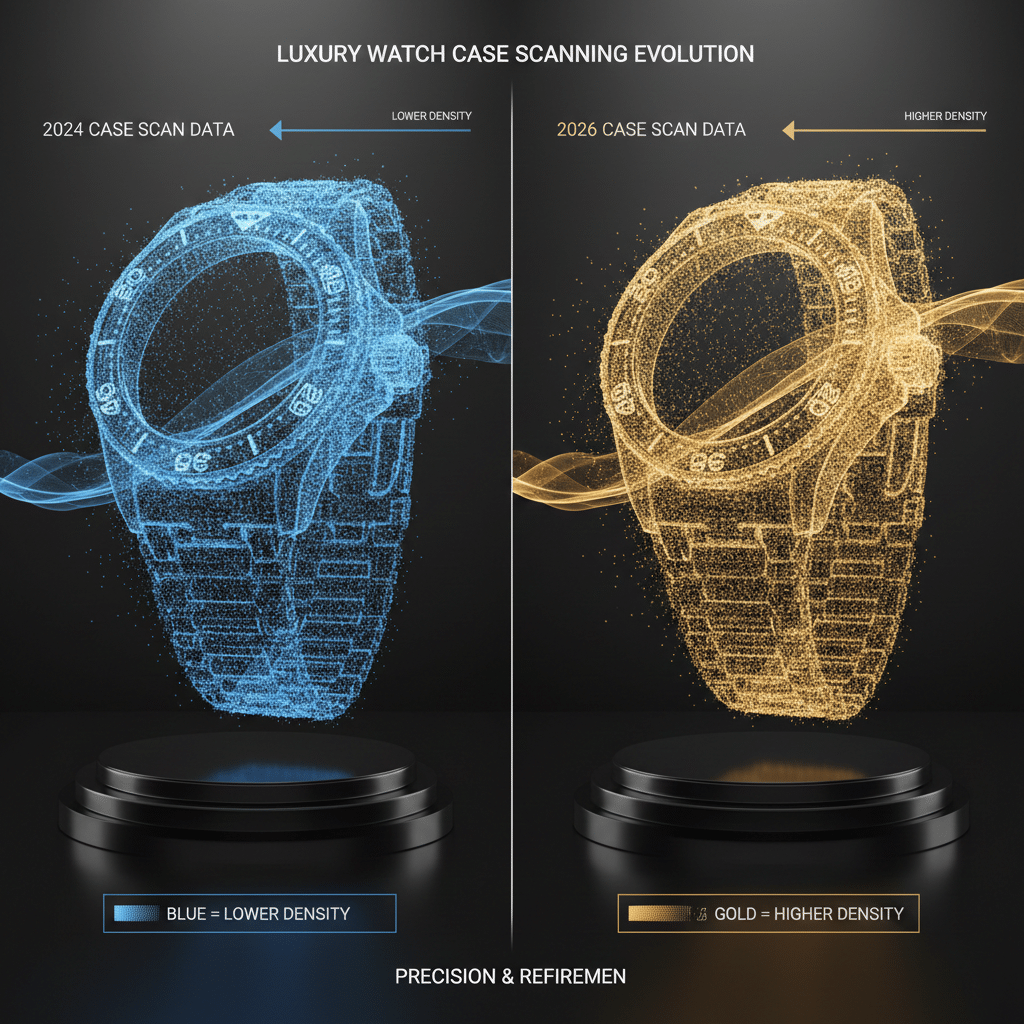Comparison of 2024 vs 2026 case scanning data point clouds showing density differences