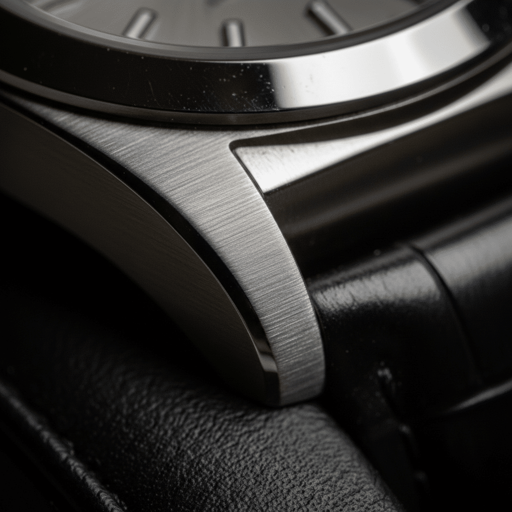 Close-up macro shot of a watch case lug showing the transition between brushed and polished surfaces under angled light