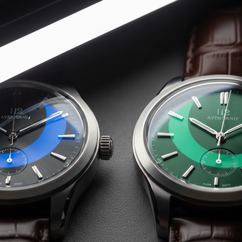 Close-up comparison of watch crystal reflections under angled white LED light showing blue vs green residual colors