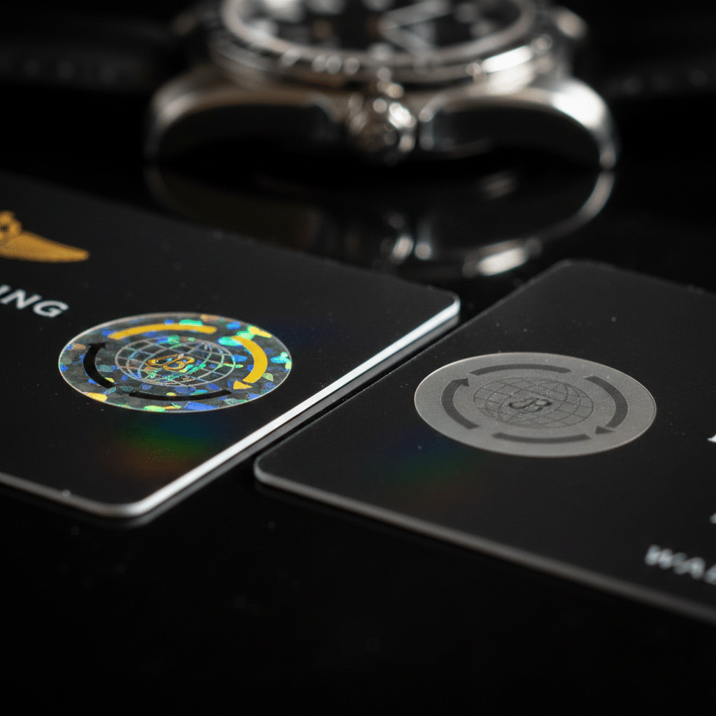 Close-up comparison of a Breitling warranty card hologram under tilted light showing 3D depth versus a flat replica hologram