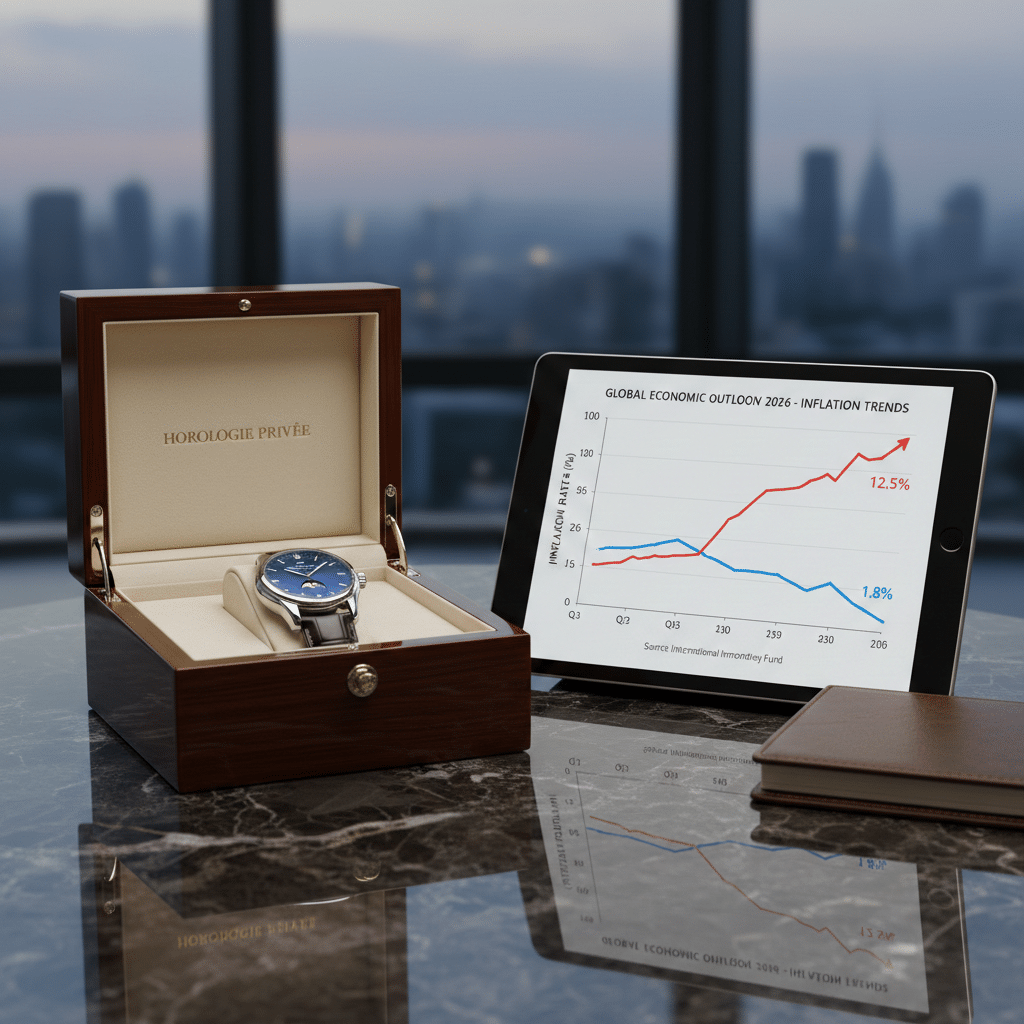A side-by-side comparison of a luxury watch box and a economic chart showing inflation trends in 2026