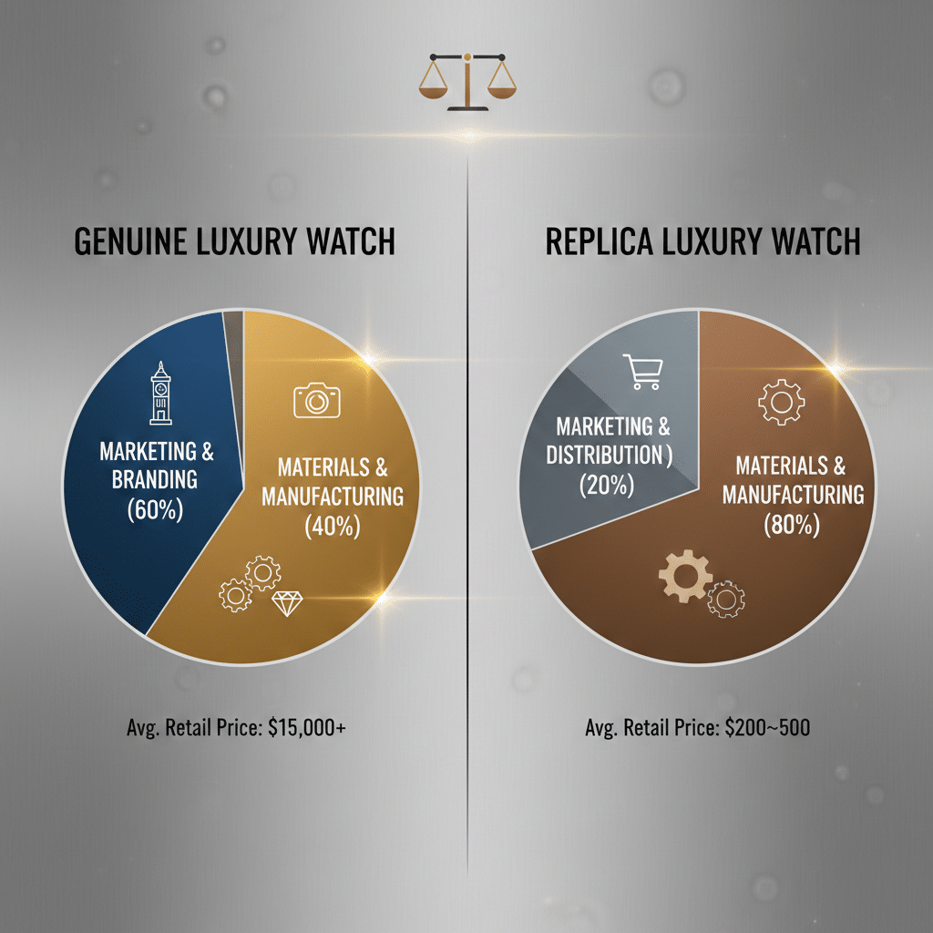 Diagram showing cost breakdown percentages of marketing vs materials for genuine vs replica watches