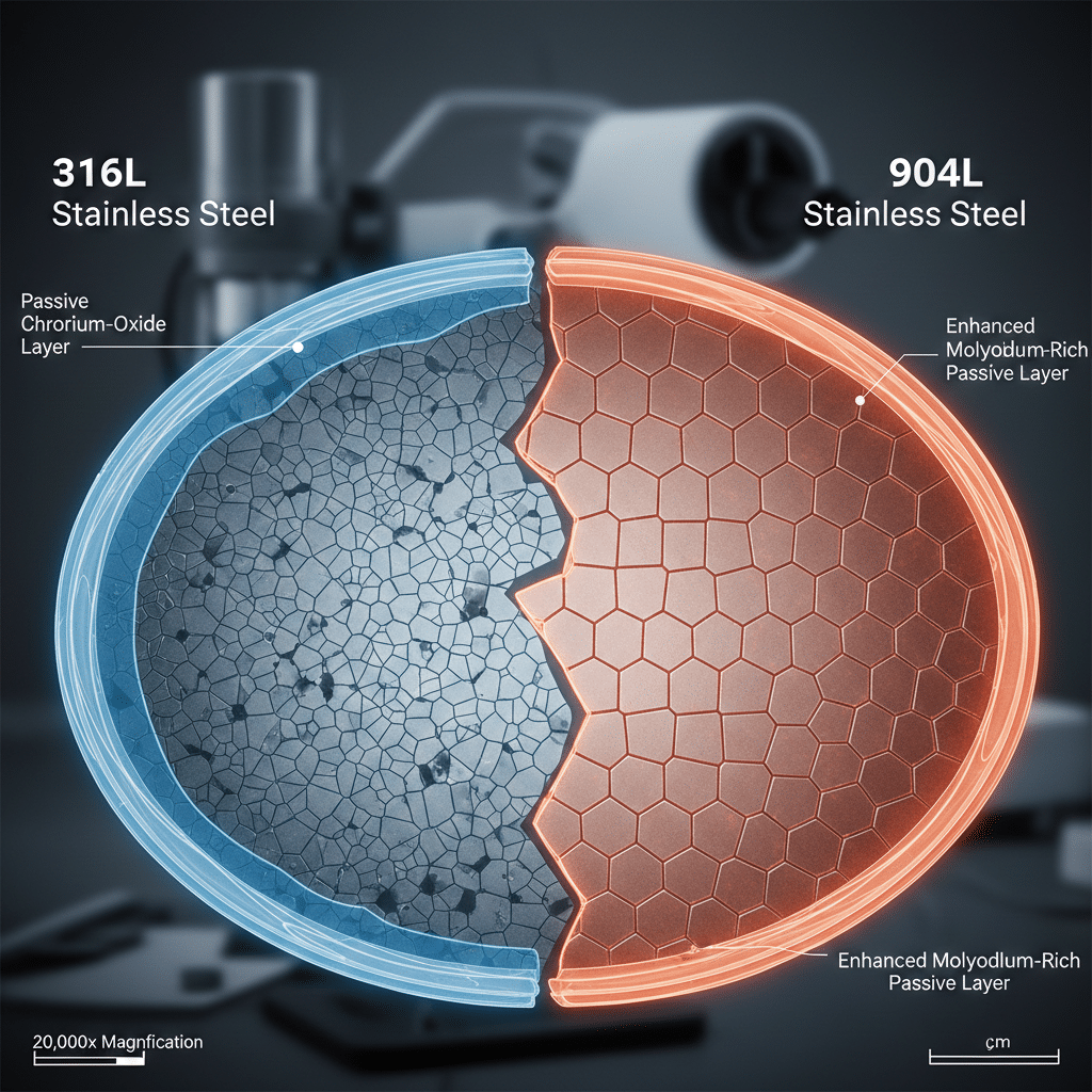 Microscopic comparison of steel grain structure between 316L and 904L alloy showing corrosion resistance layers