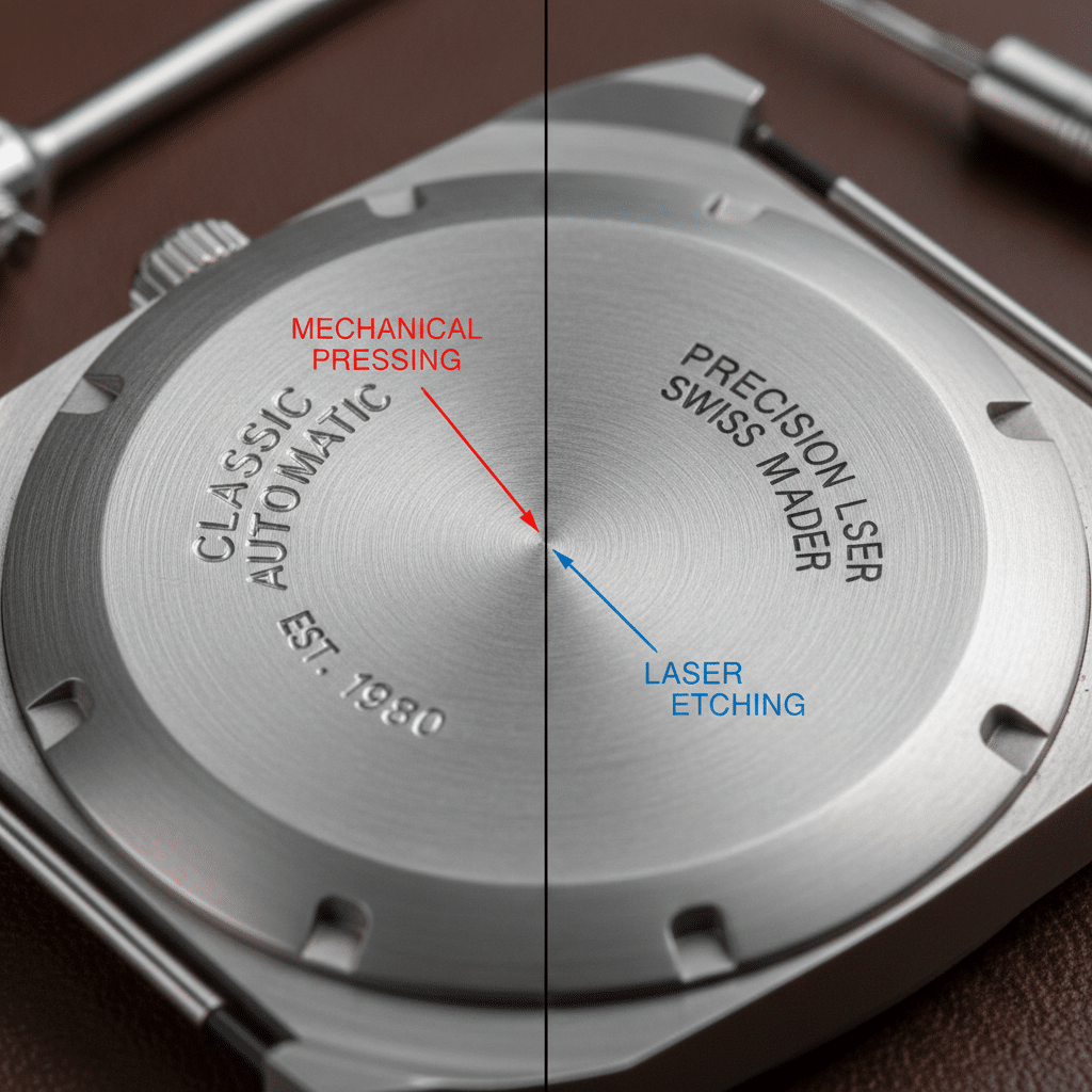 Close-up comparison of mechanical pressing vs laser etching on watch case backs showing edge displacement