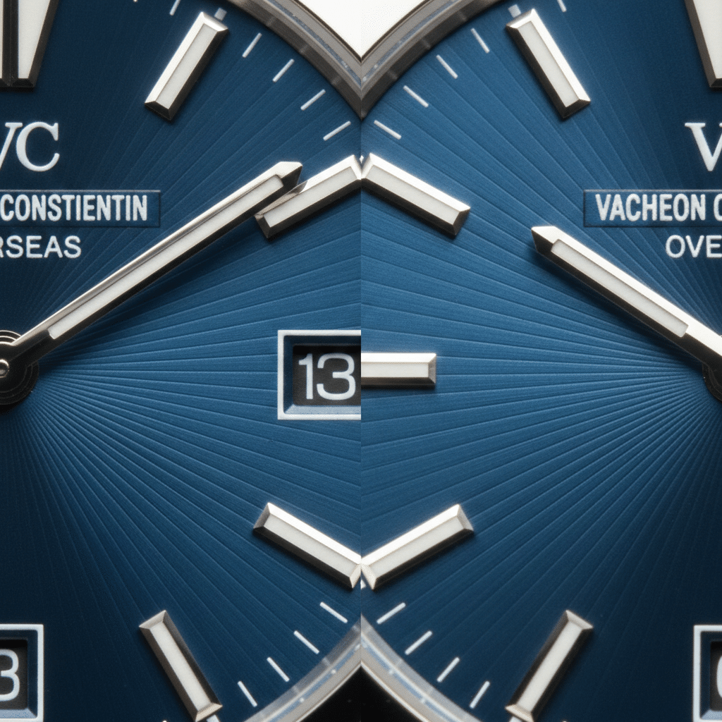 Macro comparison of VC Overseas dial sunburst finish showing genuine radial brushing versus printed radial lines on replica