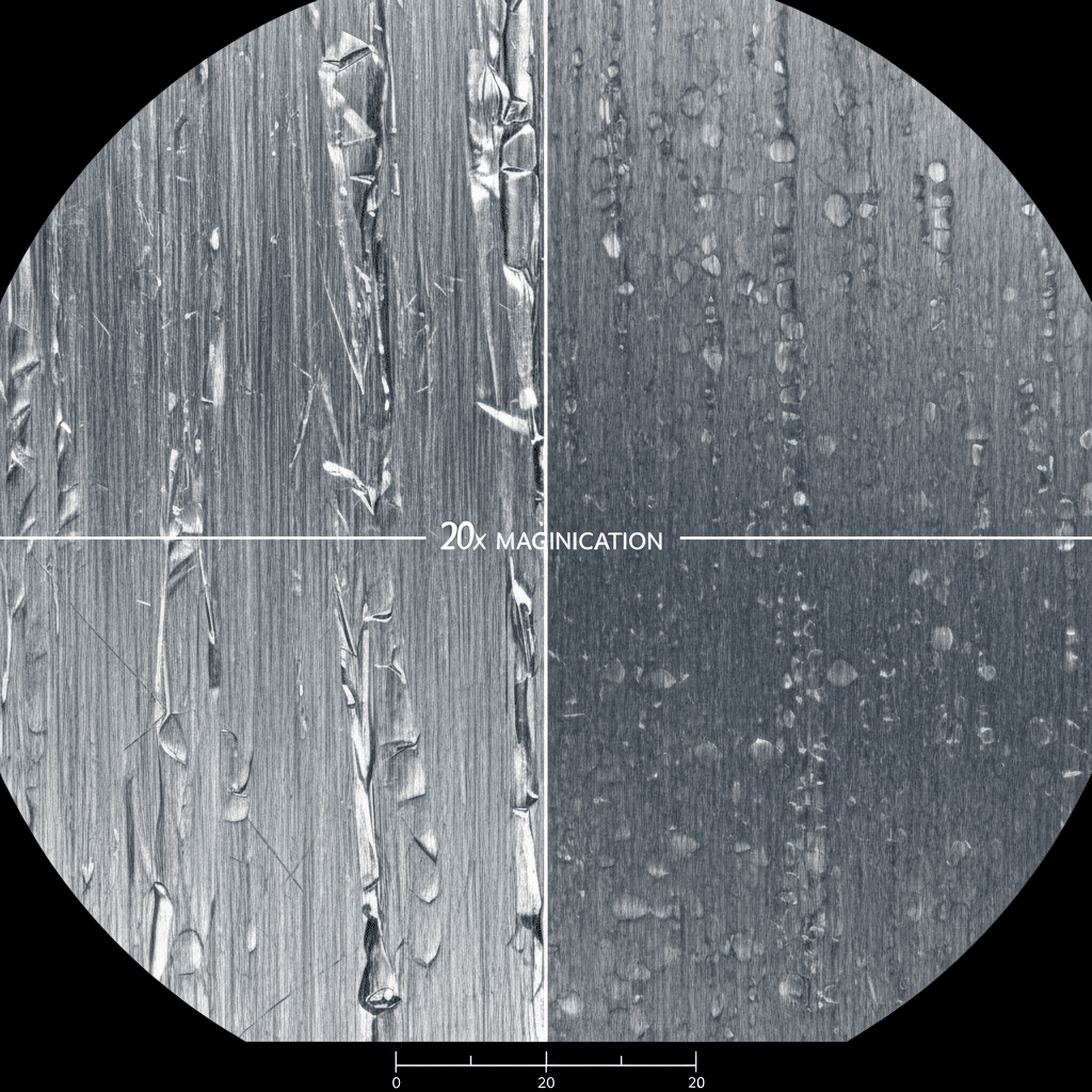 Microscopic view of metal grain structure comparing brushed steel and titanium surfaces under 20x magnification