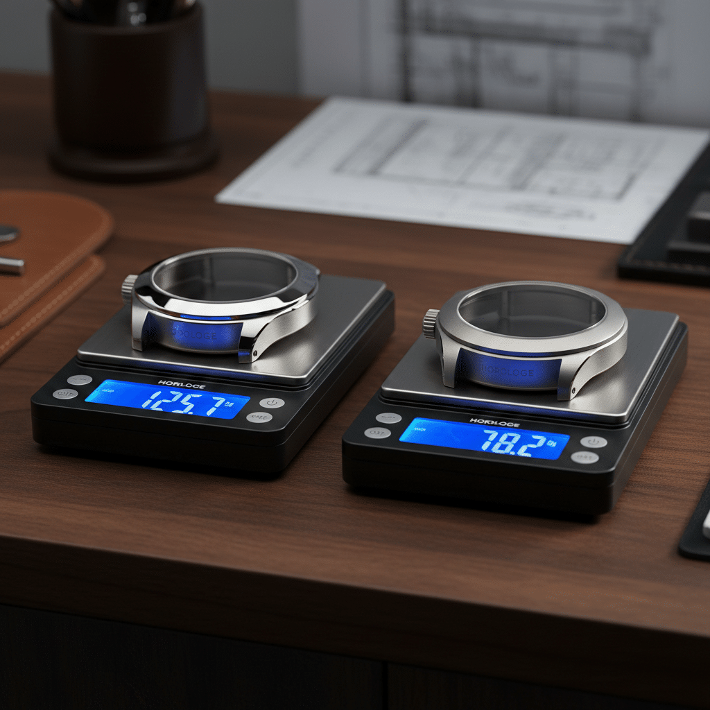 Side-by-side comparison of watch case weights on a precision digital scale showing steel vs titanium difference