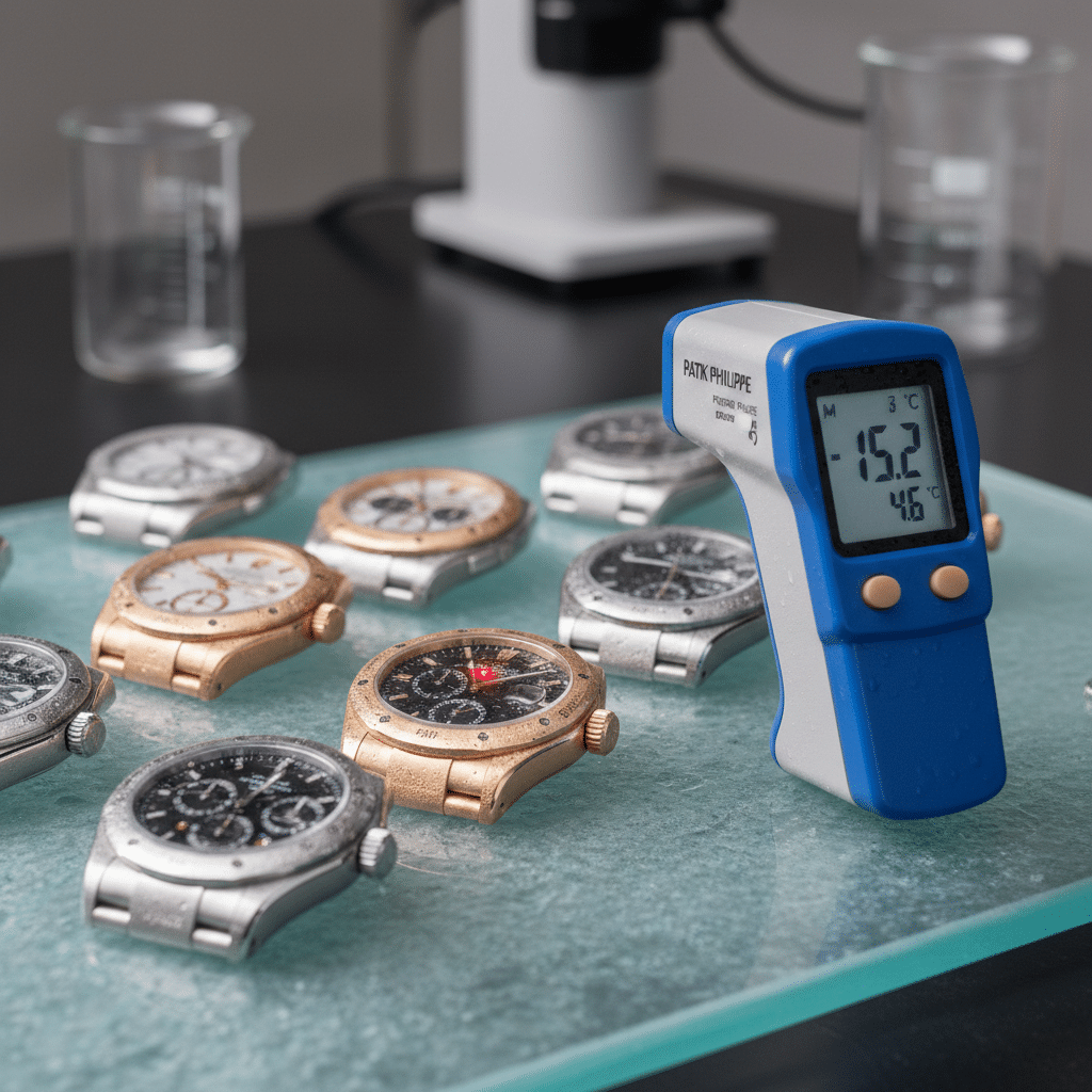 Infrared thermometer measuring surface temperature of metal watch cases after refrigeration