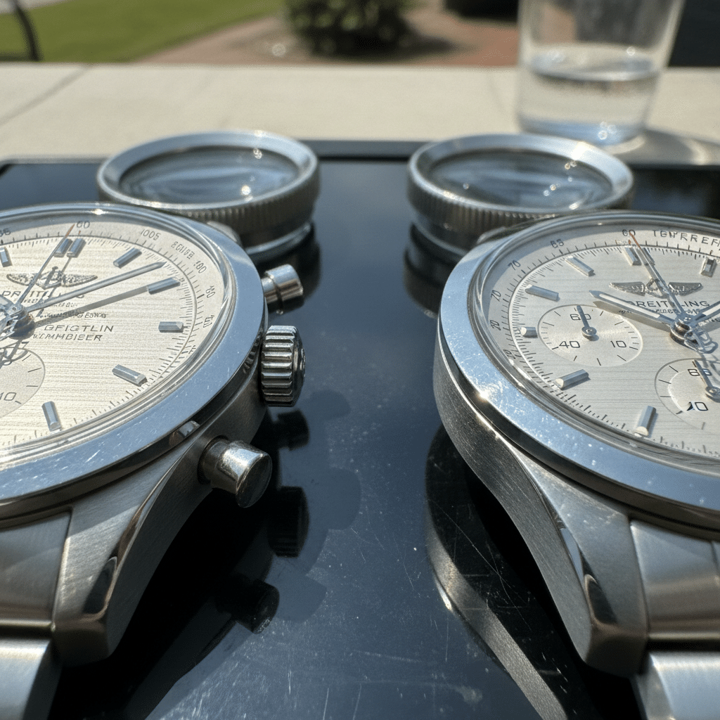 Macro photography comparing the brushed grain density on the case side of a genuine Breitling versus a 2026 super clone under direct sunlight