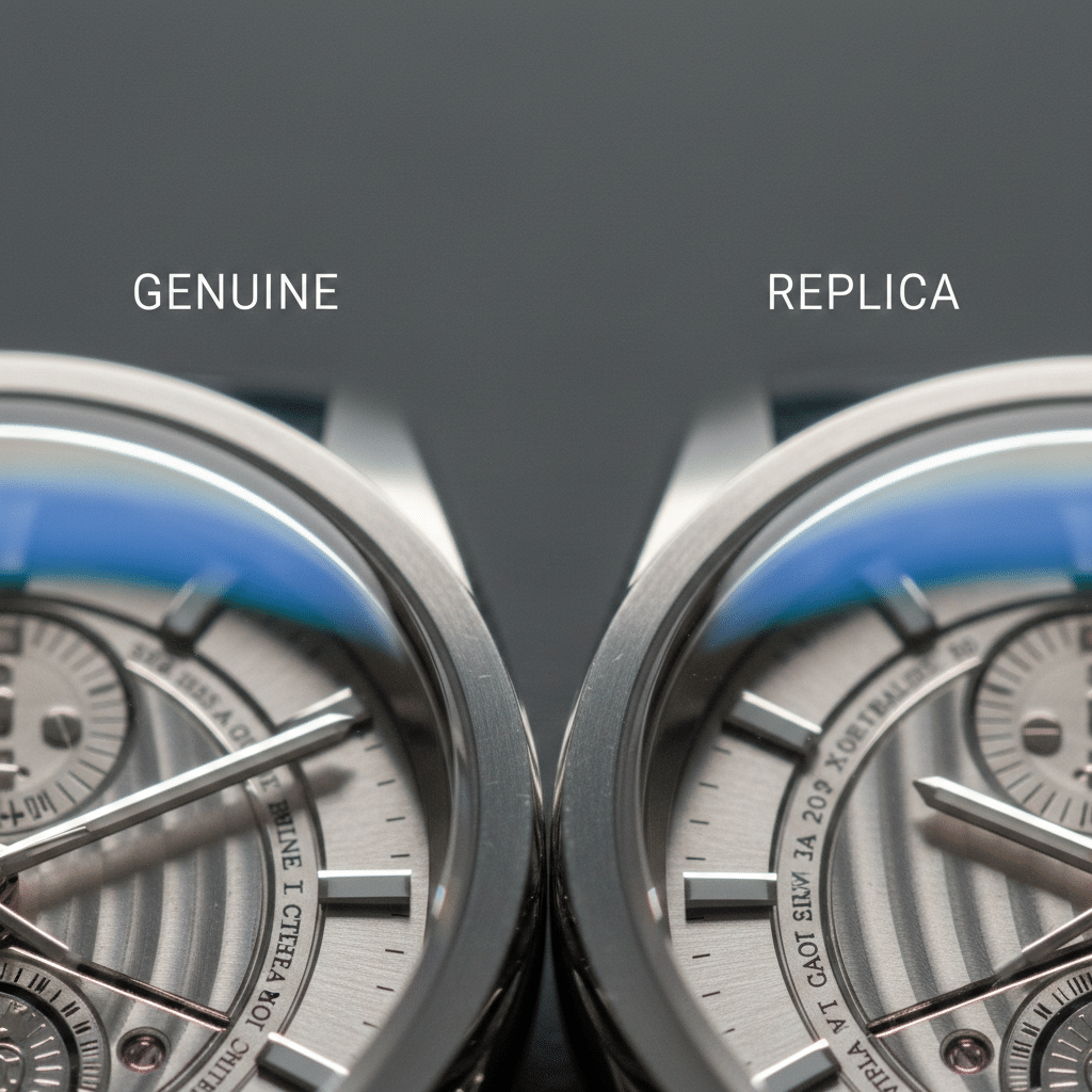 Macro comparison of sapphire crystal edge polish showing light refraction differences between genuine and replica surfaces