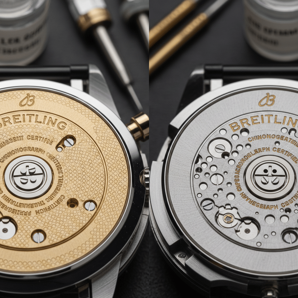 Macro comparison of rotor finishing between genuine B01 and 2026 clone movement showing perlage density