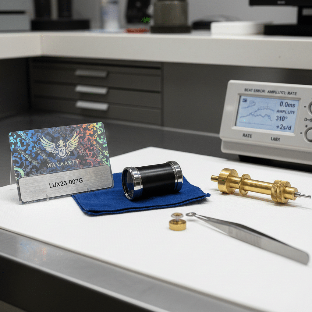 A macro shot of a warranty card with hologram details next to a loupe and calibration tools on a clean service desk