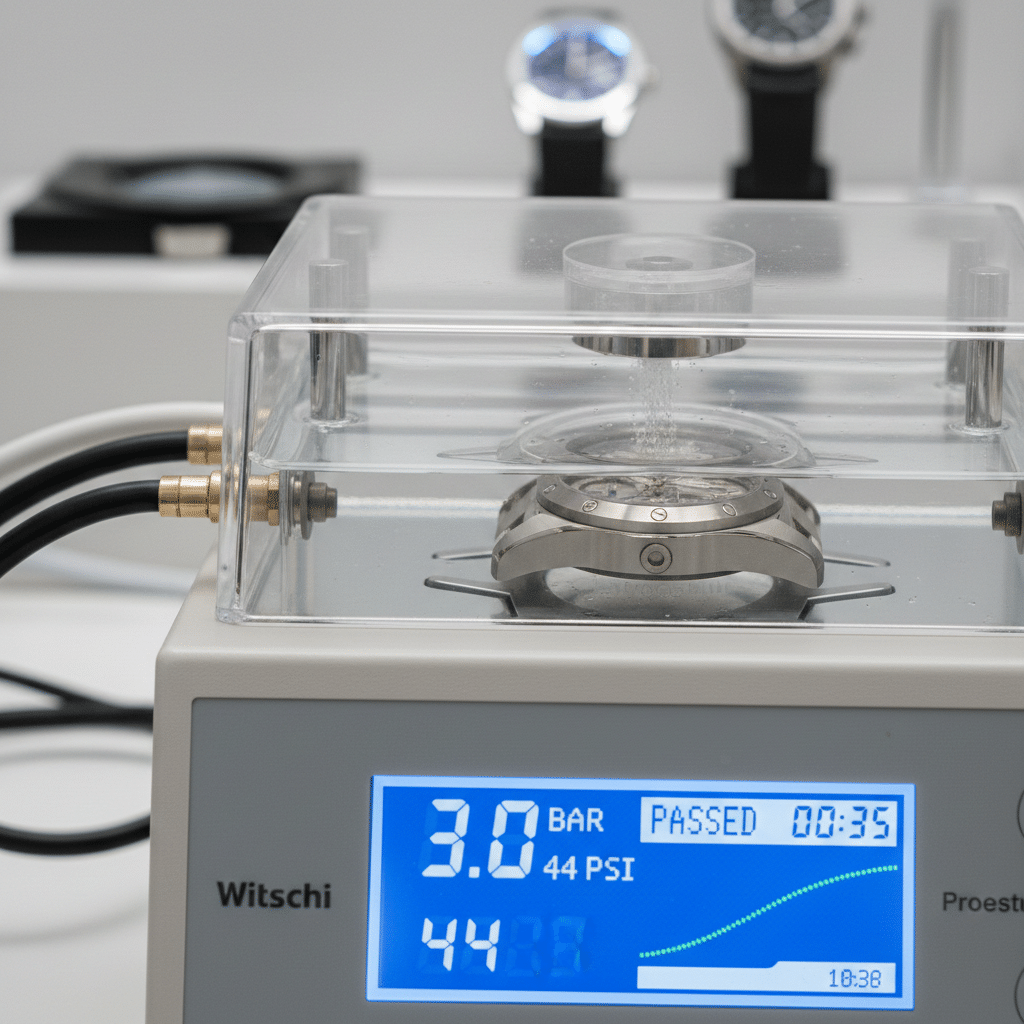 A watch case undergoing dry pressure testing in a calibrated Witschi Proofmaster device, displaying digital pressure readings.