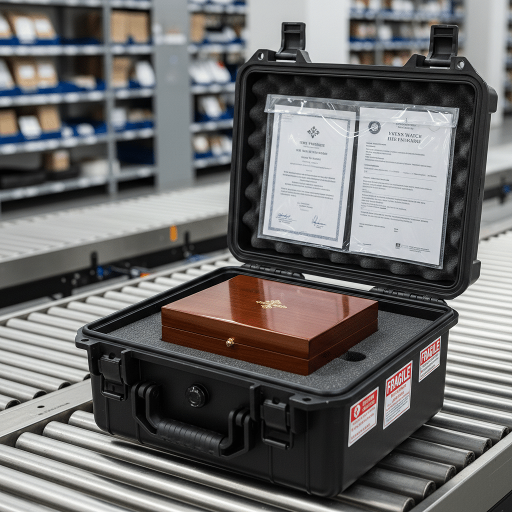 A securely packaged watch box inside a shock-absorbing shipping container with insurance documentation visible.