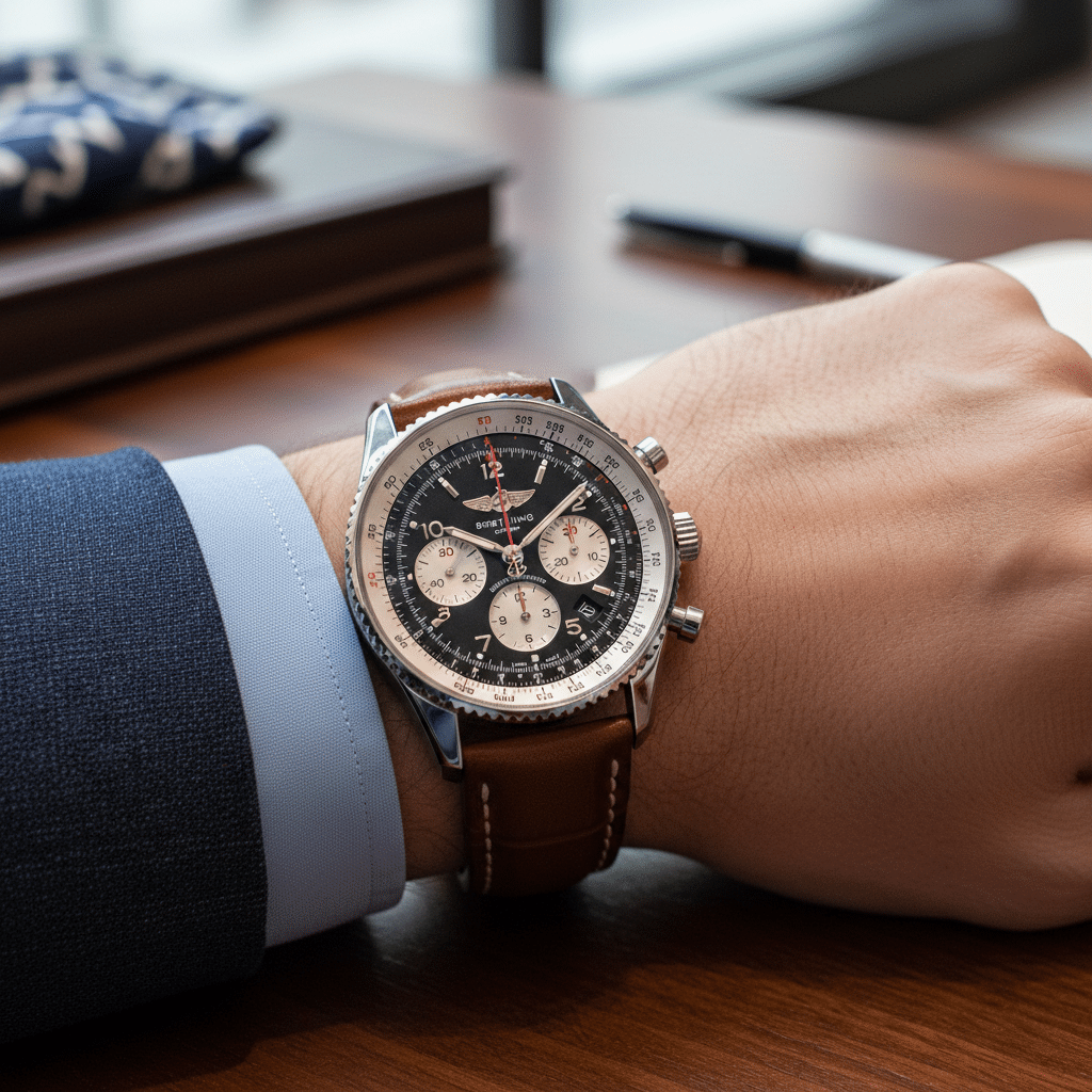 A close-up shot of a Breitling Navitimer on a wrist in a casual business setting, highlighting the dial details without showing the brand logo prominently