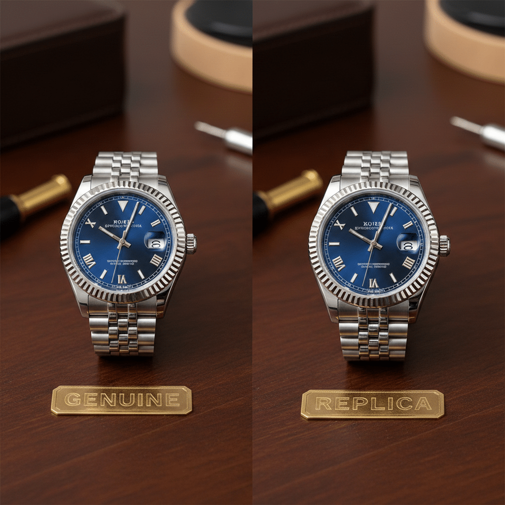 Side-by-side comparison of two watches on a table, one labeled as genuine and one as replica, highlighting similar visual profiles