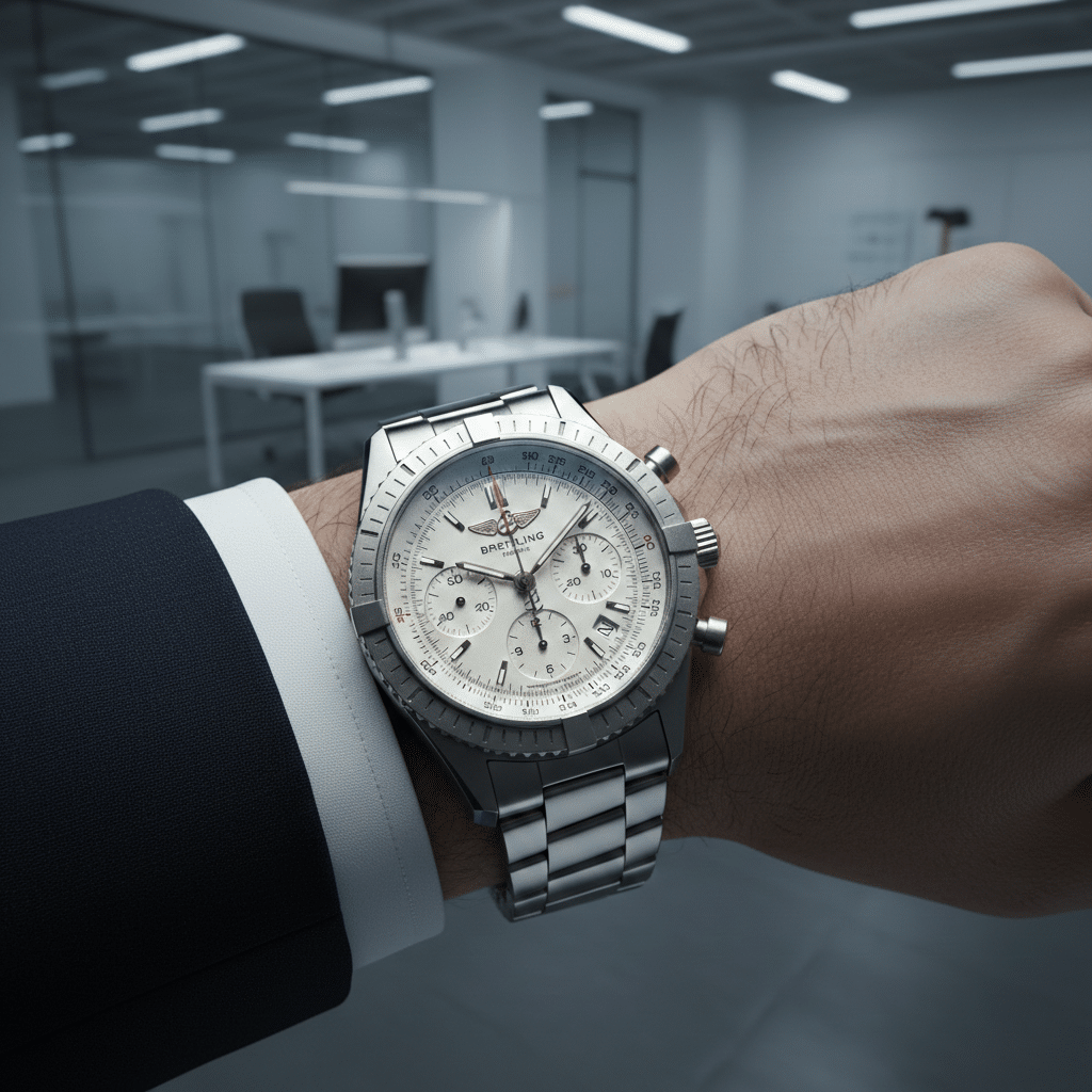 A close-up shot of a Breitling Navitimer replica on a wrist in a modern office setting, focusing on the bezel and dial details under fluorescent lighting.