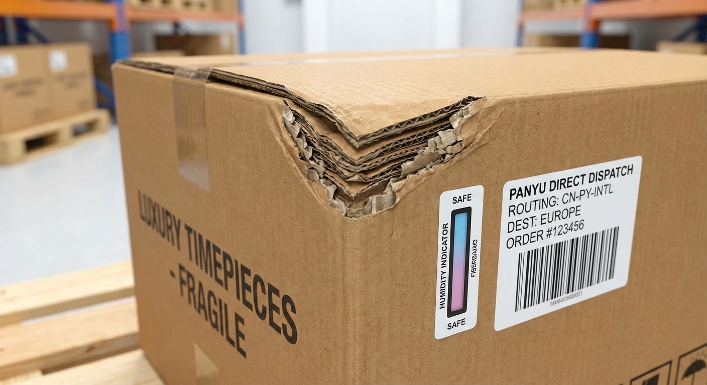 Compressed outer carton corner showing 400g/m² corrugated fiberboard layer structure with intact humidity indicator strip and Panyu direct dispatch routing label