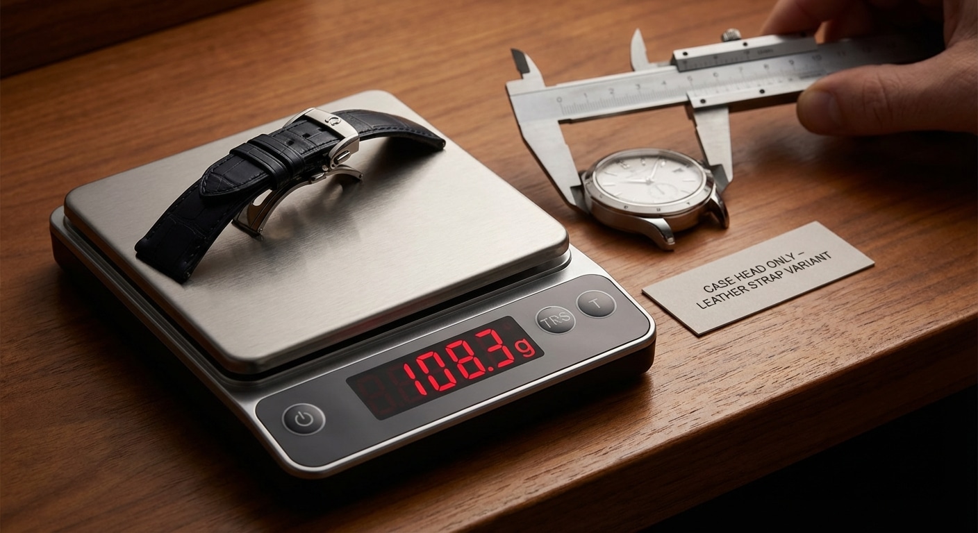 Digital scale measurement showing 108.3g reading for case head only with leather strap variant, caliper verification of lug dimensions in background