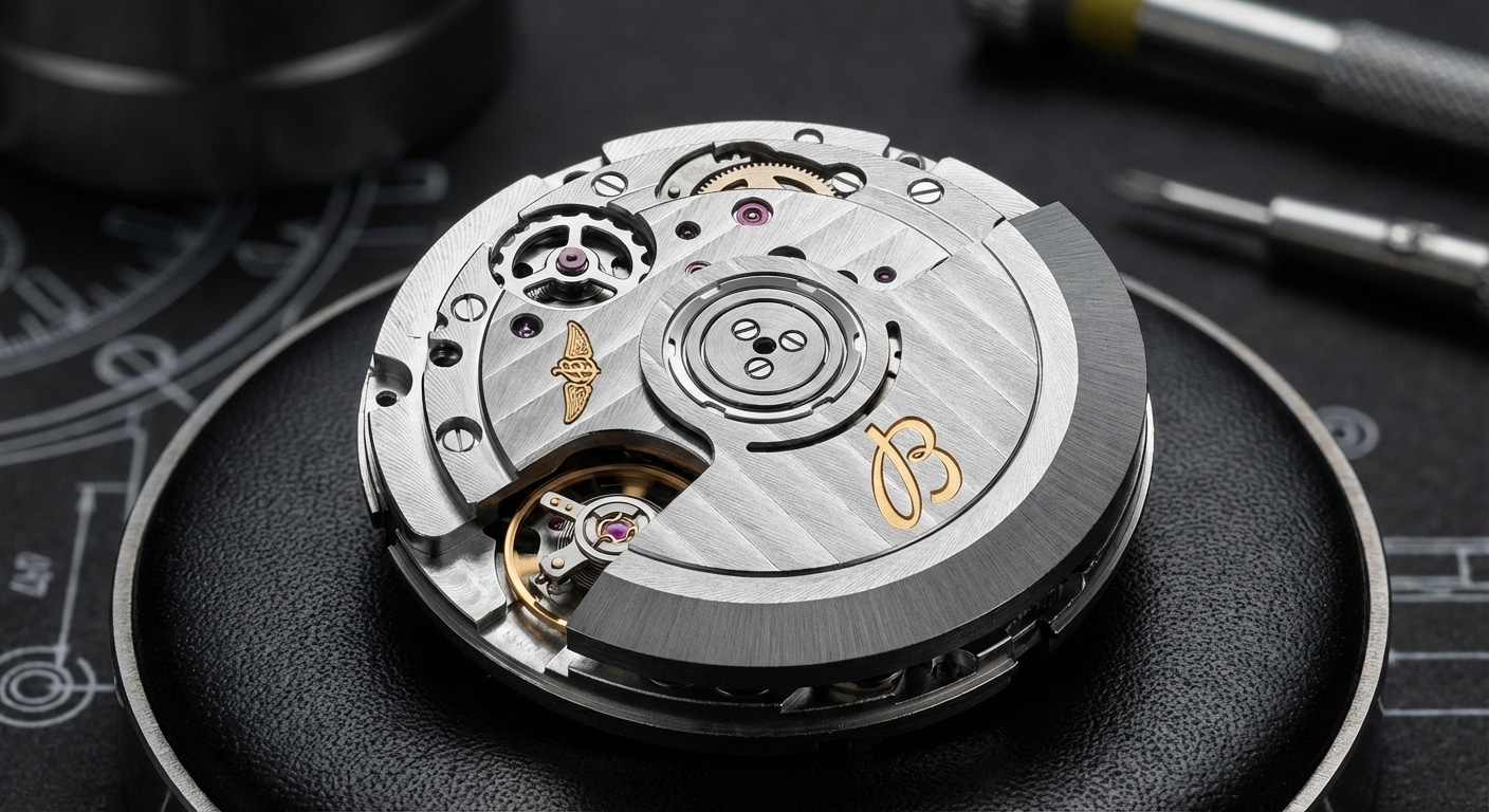 Technical cross-section of Avenger B01 integrated chronograph movement showing column-wheel engagement geometry and bridge finishing detail under studio lighting