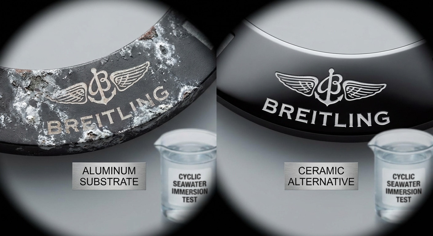 Comparative bezel insert condition after cyclic seawater immersion showing aluminum substrate corrosion propagation versus ceramic alternative under macro photography