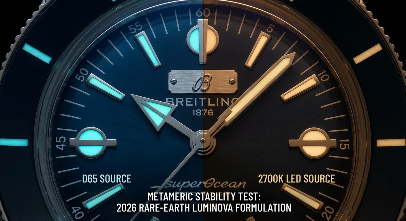 Dual-illumination macro comparison of Superocean Heritage '57 indices under simultaneous D65 and 2700K LED sources, documenting metameric stability of 2026 rare-earth doped luminova formulation