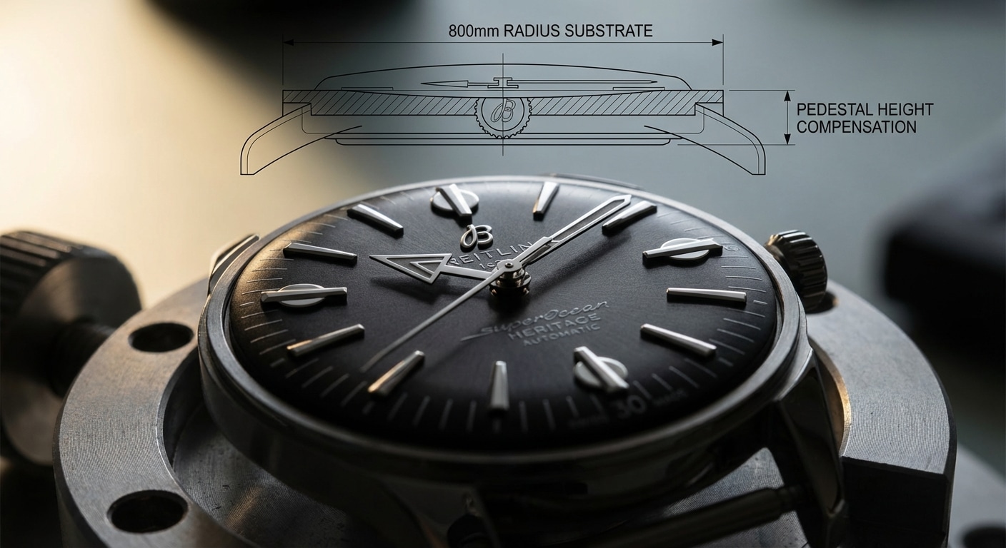 Raking light examination of Superocean Heritage '57 dial surface demonstrating index shadow geometry consistent with 800mm radius formed substrate and proportional pedestal height compensation