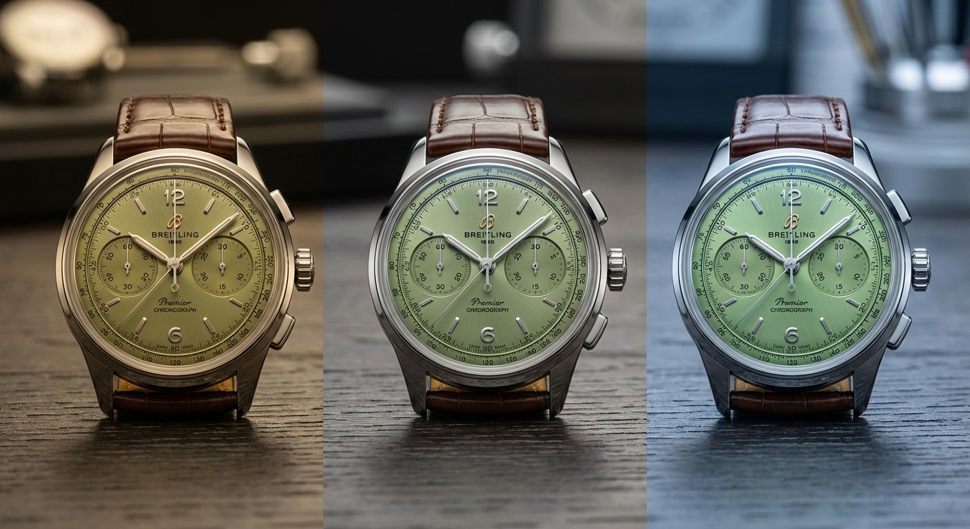 Three Premier B09 Pistachio Green dials arranged under graduated lighting from 2700K tungsten to 5600K daylight, demonstrating metameric color shift across illuminant conditions