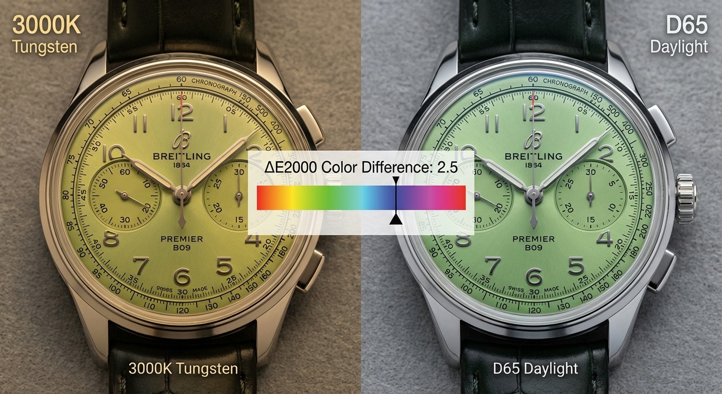 Split-frame comparison of Premier B09 Pistachio Green dial under 3000K tungsten left half and D65 daylight right half, showing ΔE2000 color difference measurement overlay