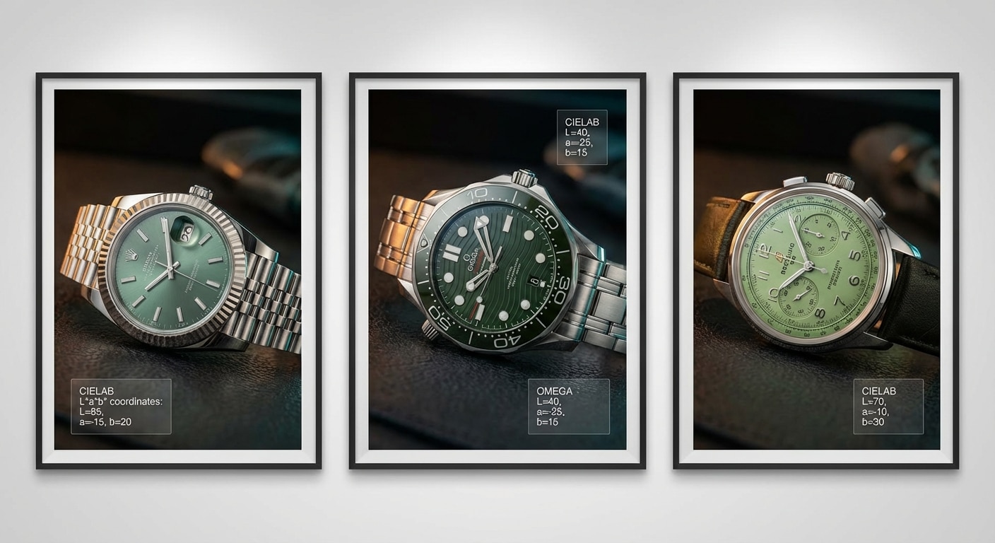Triptych arrangement of Rolex Datejust Mint Green, Omega Seamaster Green, and Breitling Premier B09 Pistachio Green under identical mixed lighting with CIELAB coordinate overlay