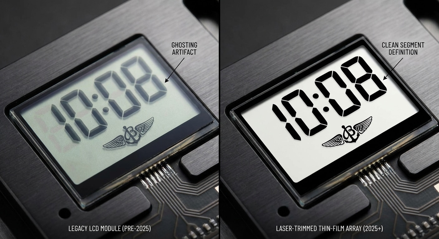 Macro comparison of LCD modules showing ghosting artifact in legacy implementation versus clean segment definition in 2025+ laser-trimmed thin-film array version under identical drive conditions