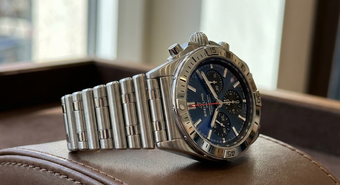 Three-quarter view of 2026 Chronomat B01 42mm showing Rouleaux bracelet catching natural daylight with alternating polished end-caps and brushed barrels