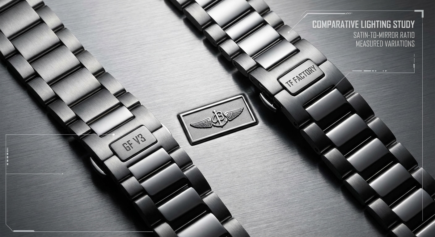 Comparative lighting study of Rouleaux bracelet surface finish showing measured satin-to-mirror ratio variations between GF V3 and TF factory implementations