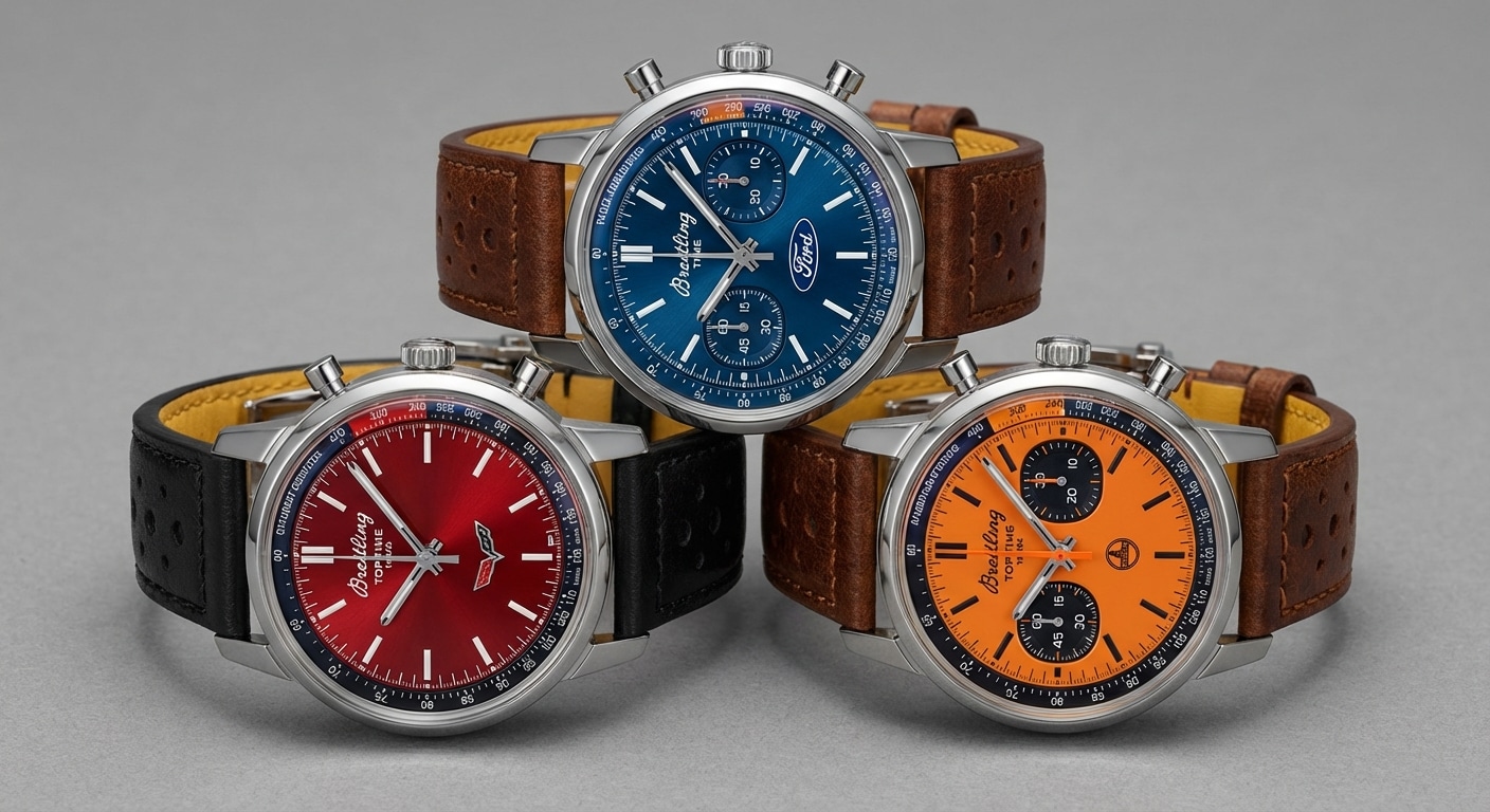 Three Breitling Top Time Classic Cars editions arranged in triangular formation under uniform D65 lighting showing chromatic variation between Guardsman Blue, Grabber Orange, and Stingray Red dial fields
