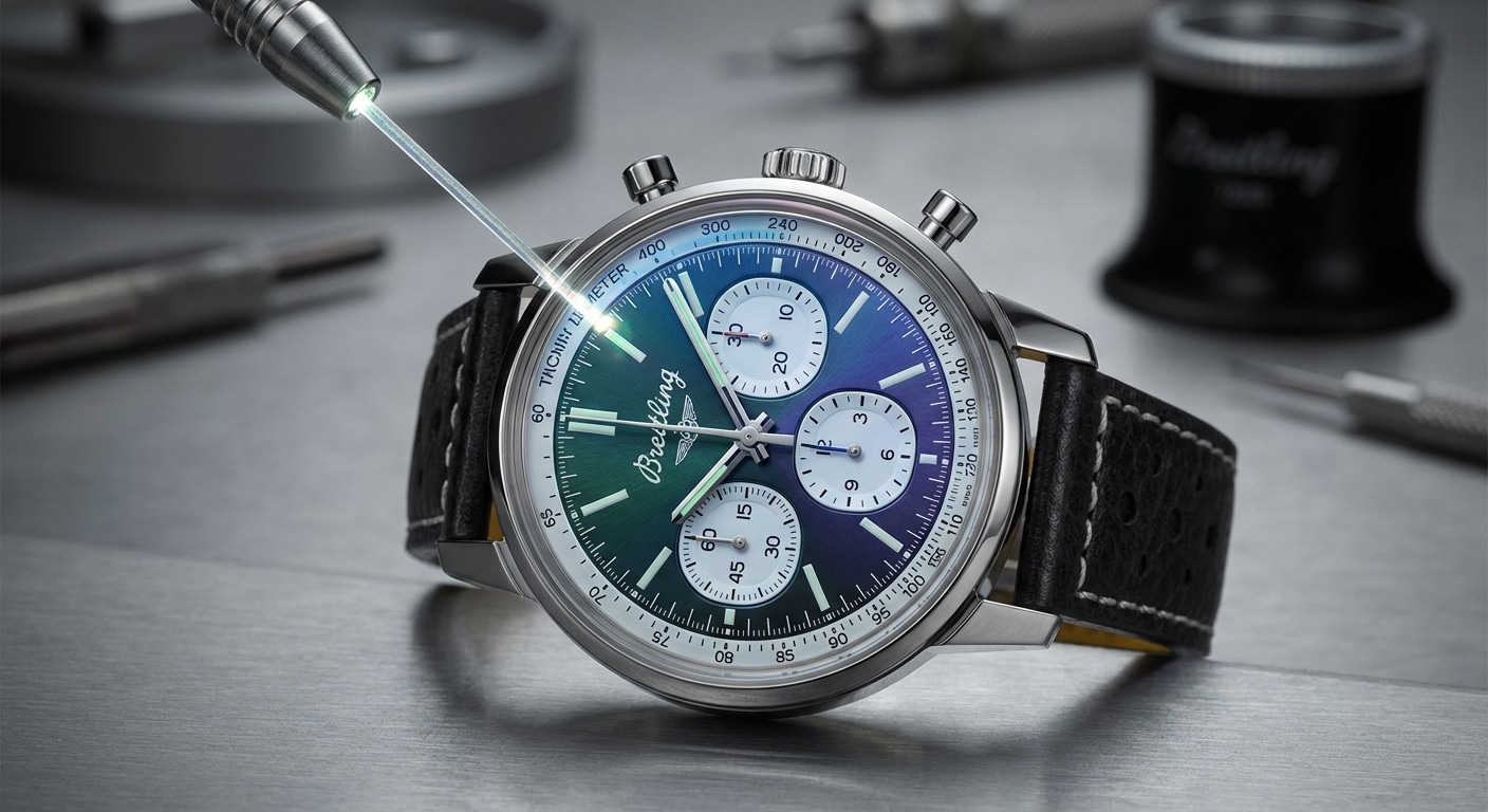 Shelby Cobra Top Time dial under variable angle fiber-optic illumination demonstrating dichroic color shift from green-blue to violet-blue across 15-25 degree viewing cone