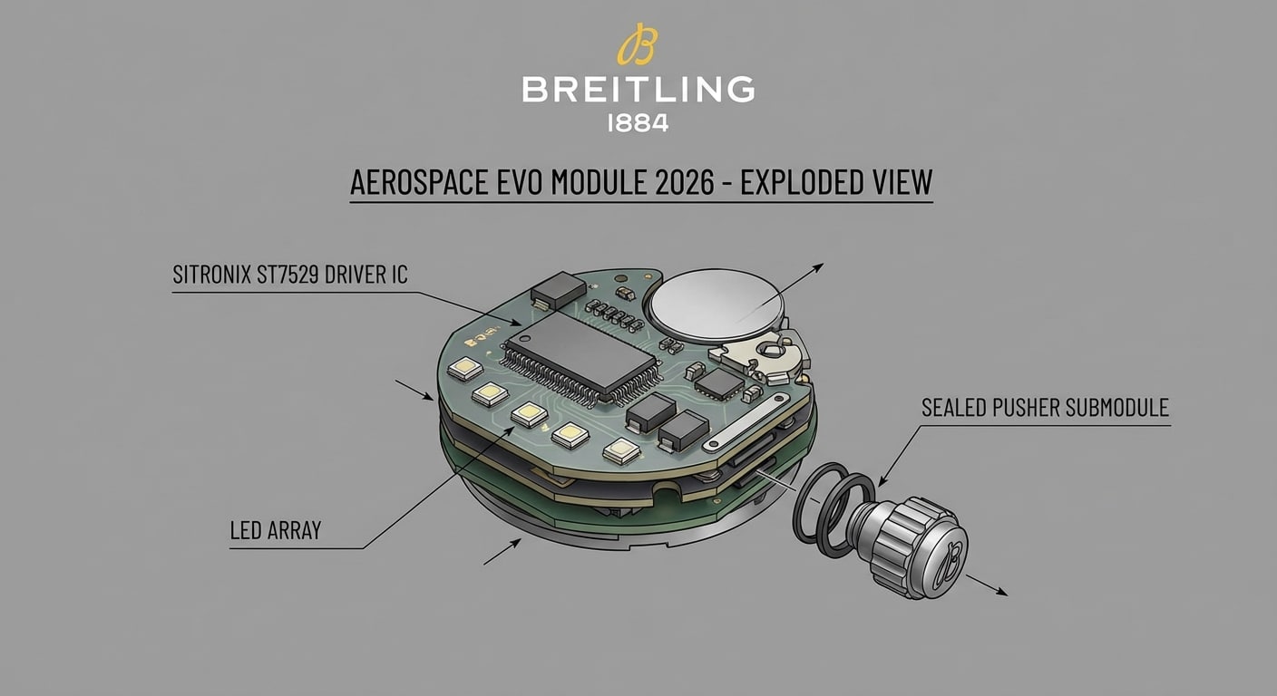 Exploded view of 2026 Aerospace Evo module architecture showing Sitronix ST7529 driver IC placement, LED array positioning, and sealed pusher submodule integration