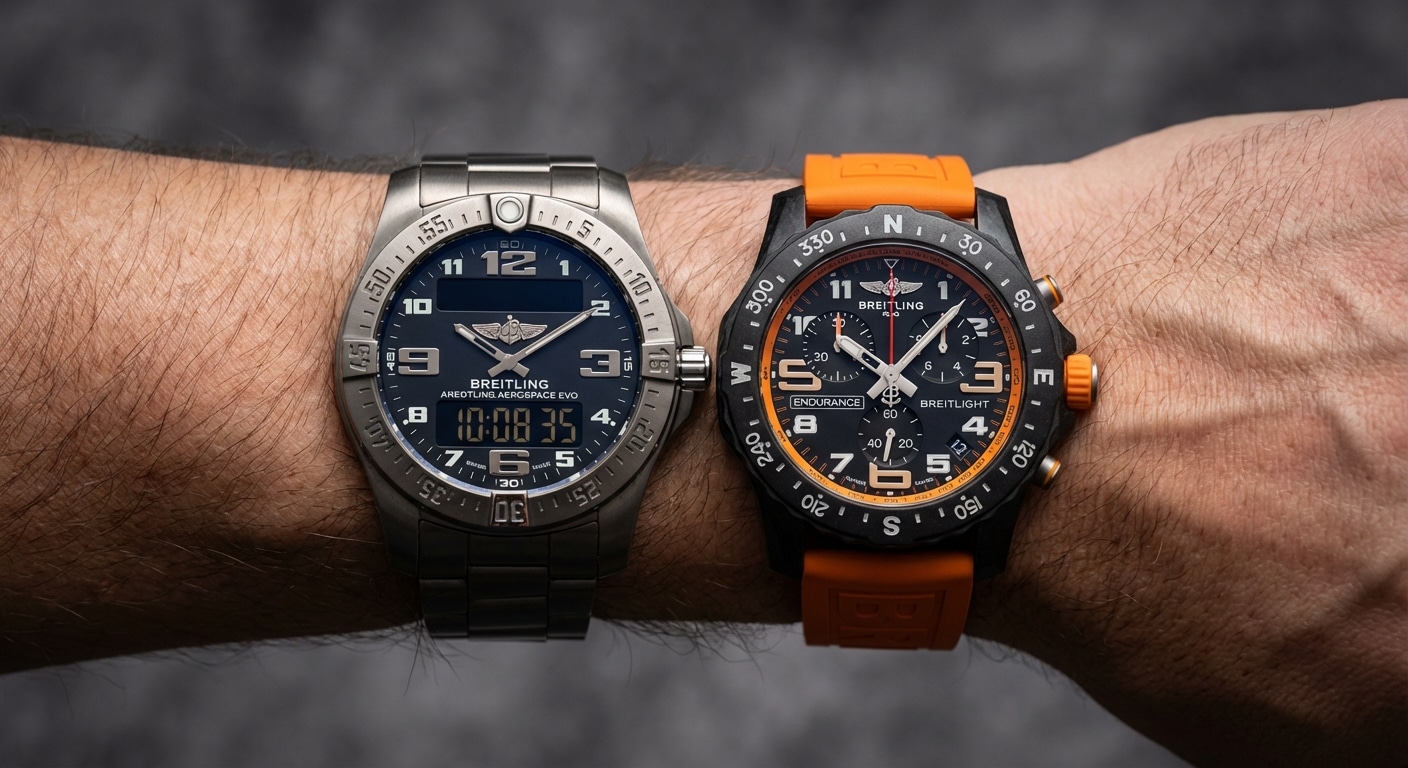 Side-by-side wrist presence comparison of Aerospace Evo and Endurance Pro super clones under identical lighting conditions highlighting display complexity differential