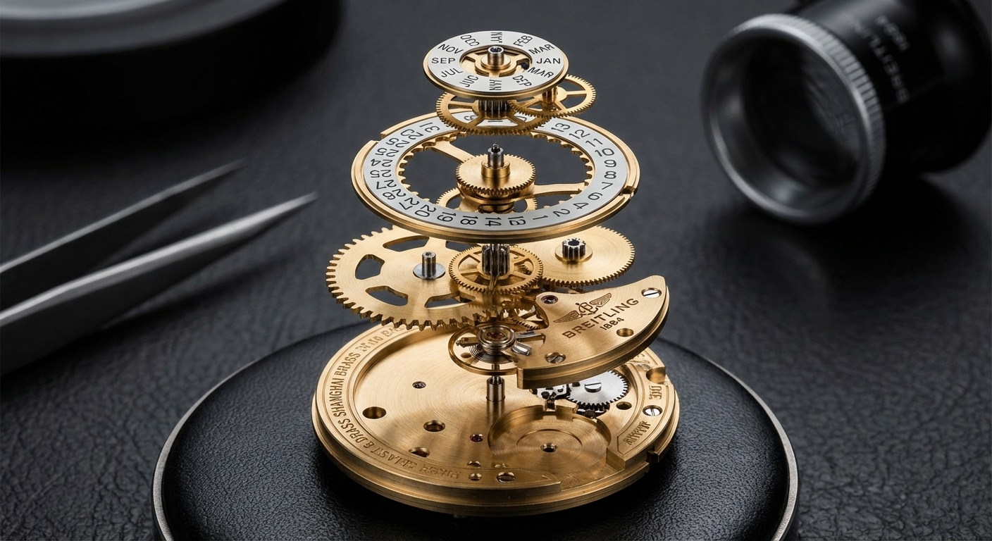 Exploded view of the four-year calendar module showing Shanghai 7750 base plate with stacked brass program wheel, date wheel, and month wheel assembly