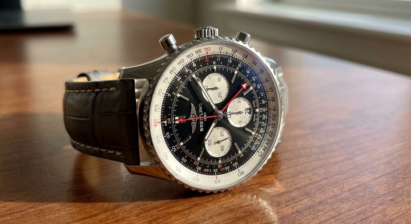 Three-quarter view of Navitimer GMT 41mm showing slide rule bezel engagement at 45 degrees with natural daylight revealing CNC-milled logarithmic scale groove geometry