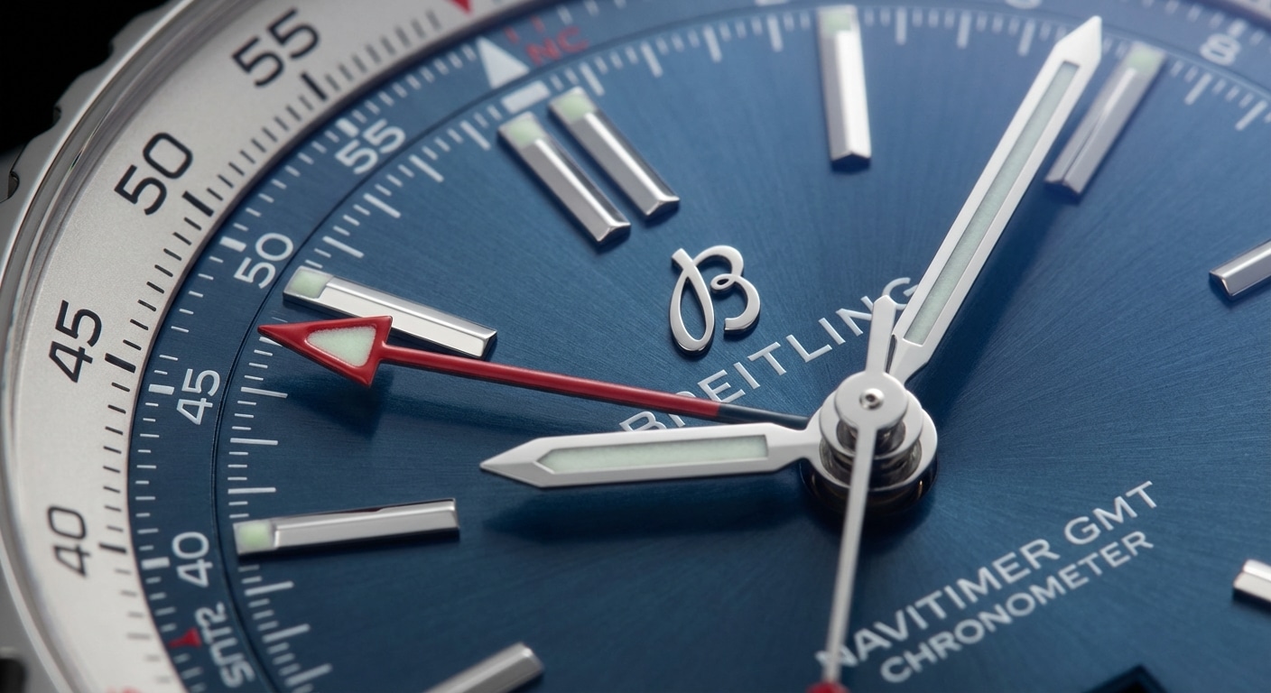 Macro detail of Navitimer GMT dial showing red lacquer arrow tip with lume pip integration and chamfer geometry under controlled studio lighting