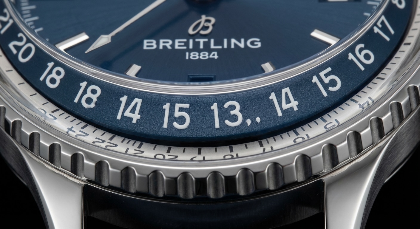 Detailed view of Navitimer GMT inner chapter ring showing 24-hour typography stroke geometry and pad-print ink opacity under magnification