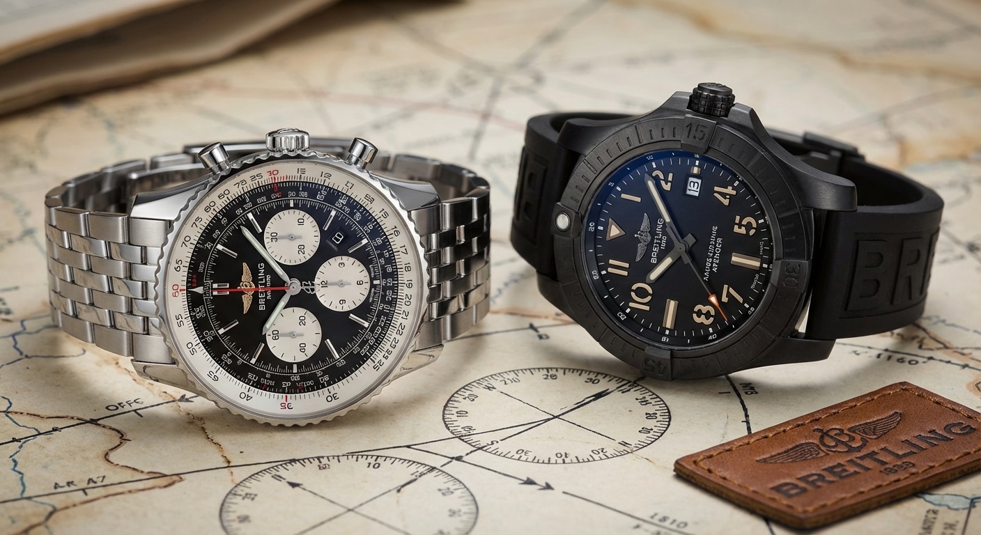 Navitimer and Avenger watches displayed side by side on aviation chart background with slide rule bezel visible