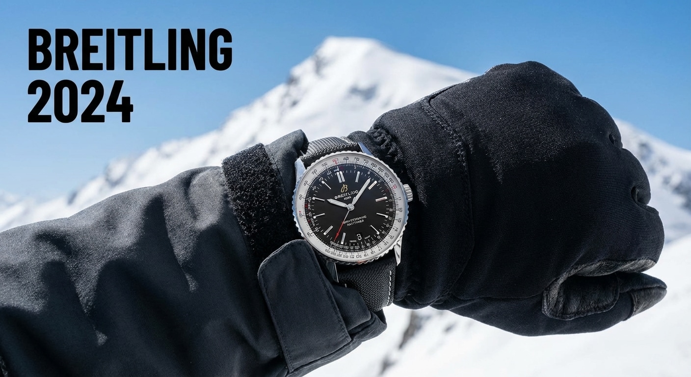 Breitling 2024 advertising campaign showing Navitimer on mountain climber wrist with snow peak background