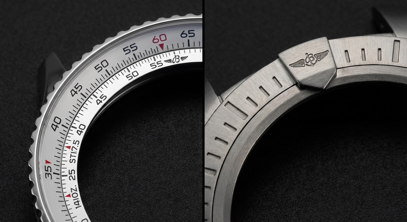 Split image showing Navitimer slide rule bezel close-up on left and Avenger rider tab bezel detail on right