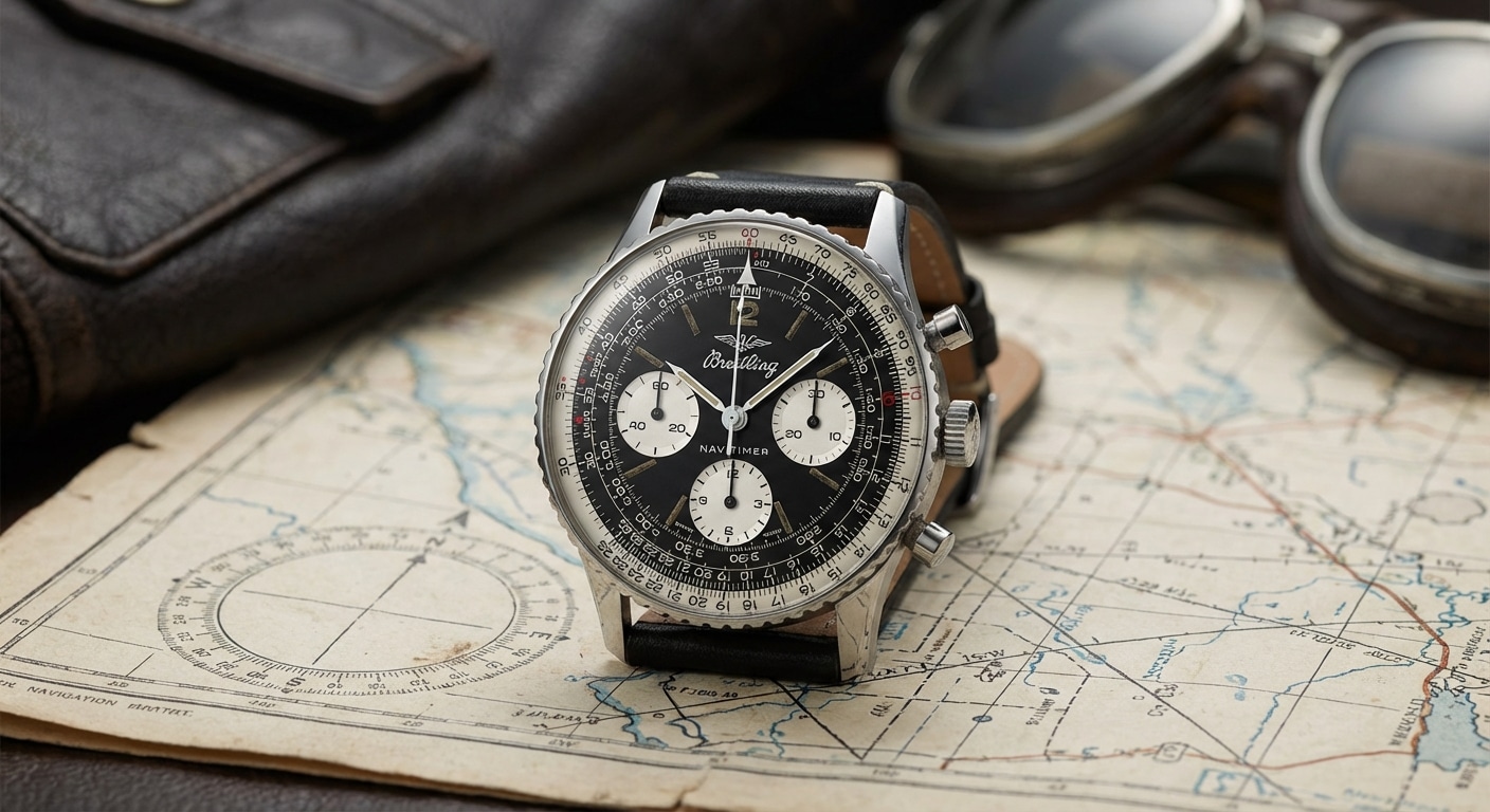 A 1954 Breitling Navitimer reference 806 with matte black dial and high-contrast white subdials against aviation chart background