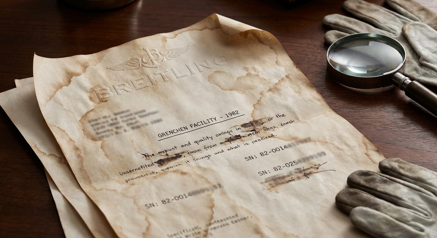 Water-damaged Breitling production documents from 1982 Grenchen facility flood showing partially legible serial numbers