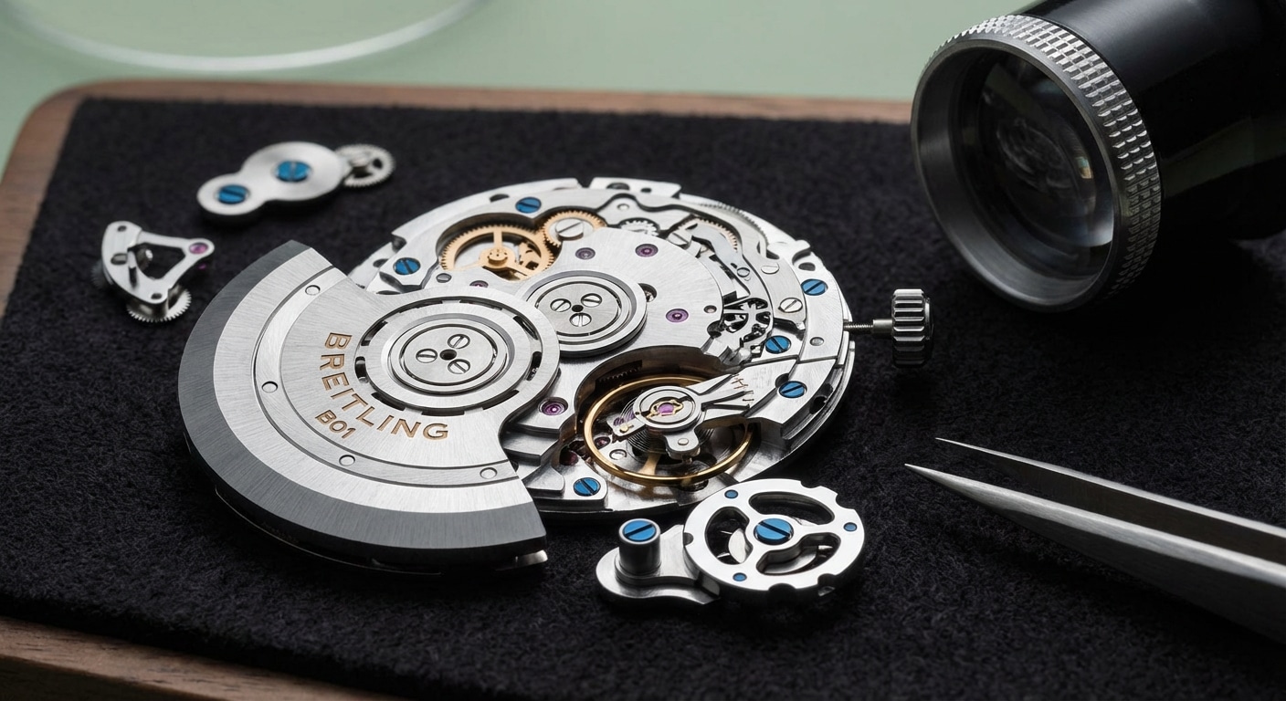 Disassembled Breitling caliber B01 movement showing vertical clutch mechanism and column-wheel assembly with characteristic bridge architecture